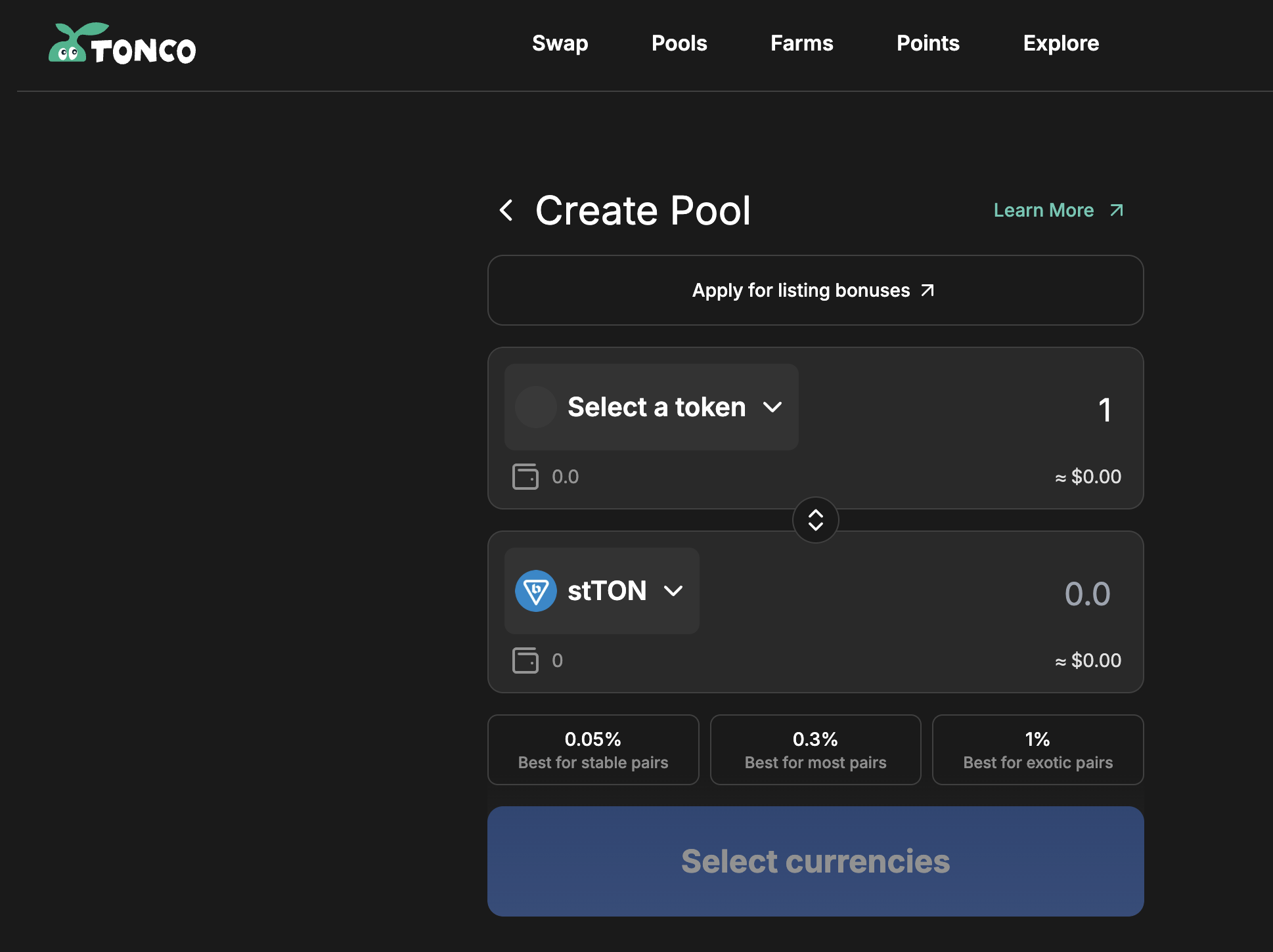 Pool creation using stTON on TONCO